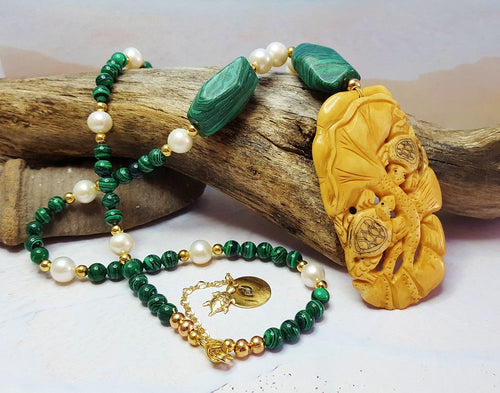Collar de tortuga de malaquita verde ~ collar de cuentas largas, joyería de hueso para mujer