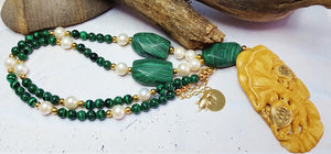 Collier Tortue Malachite verte ~ Long collier de perles, bijoux en os pour femmes