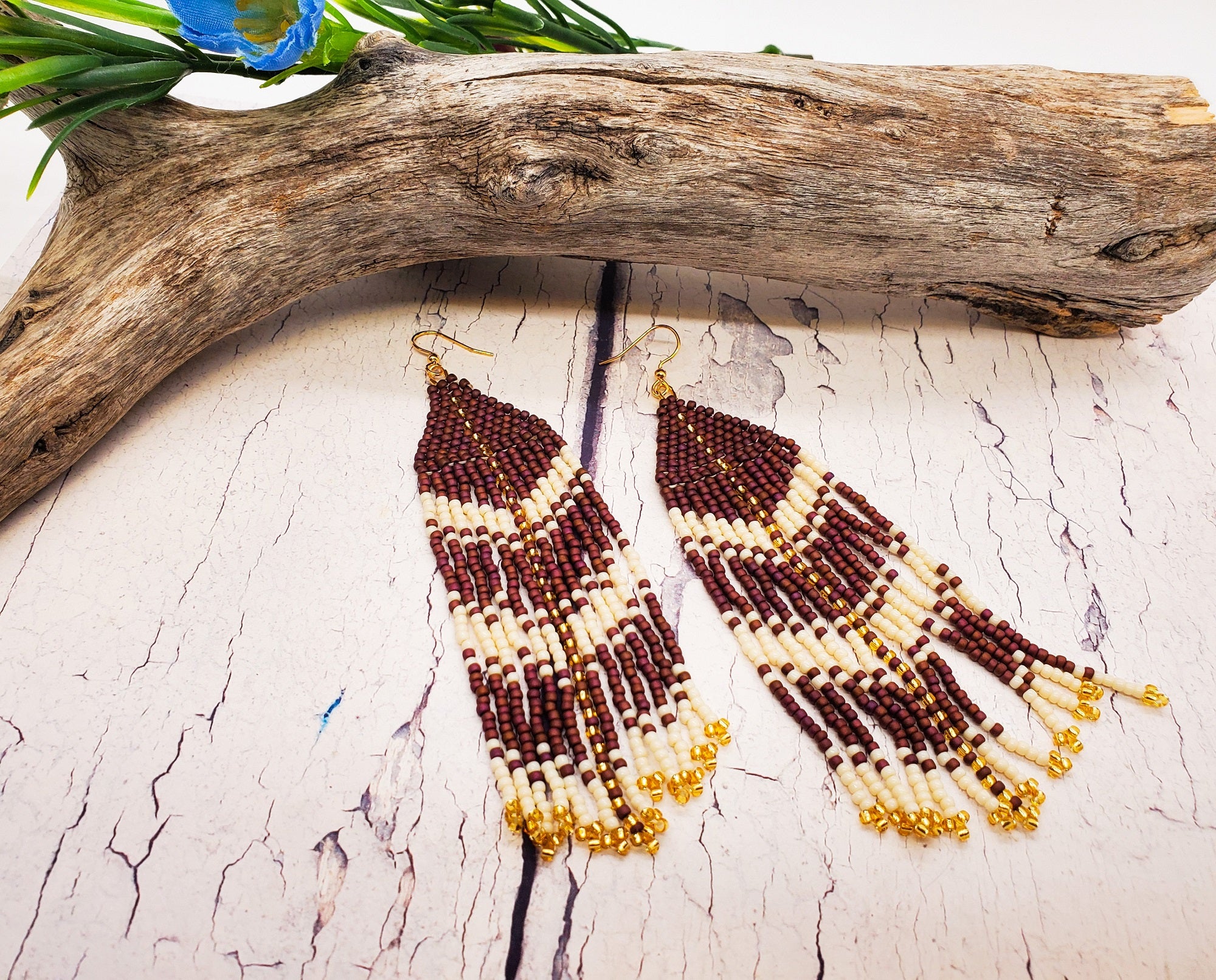 Native American Seed Bead Fringe Earrings  Owl Feather Pattern  Blue  World Treasures