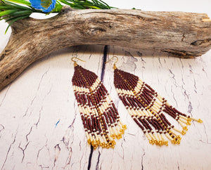 Native American Seed Bead Fringe Earrings ~ "Owl Feather" Pattern