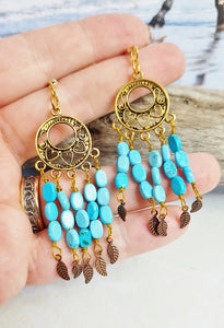 Turquoise Dream Catcher Earrings ~ Genuine Turquoise & Antique Gold Boho Dreamcatchers