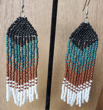 Seed Beaded Fringe Earrings ~ Black, Turquoise & Copper Ethnic Dangle Earrings