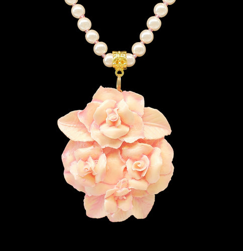 Pearl Necklace ~ Cottagecore, Peachy Pink Romantic Rose Necklace