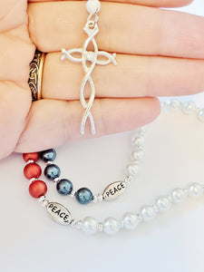 Rosario Católico Americano ~ Perlas de Cristal Rojas, Blancas y Azules