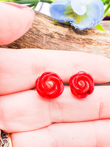 Rose Earrings ~ Hand Carved Red Coral Rose on Hypoallergenic Stainless Steel Studs