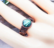 Paua Shell Ring ~ Adjustable Antique Copper Ring with Intricate Leaf Detail