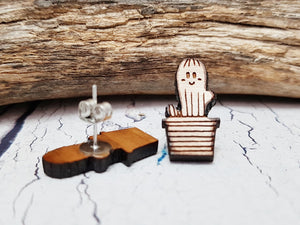 Cute Wooden Cactus Stud Earrings ~ Minimalist Succulent Earrings, Southwest Studs