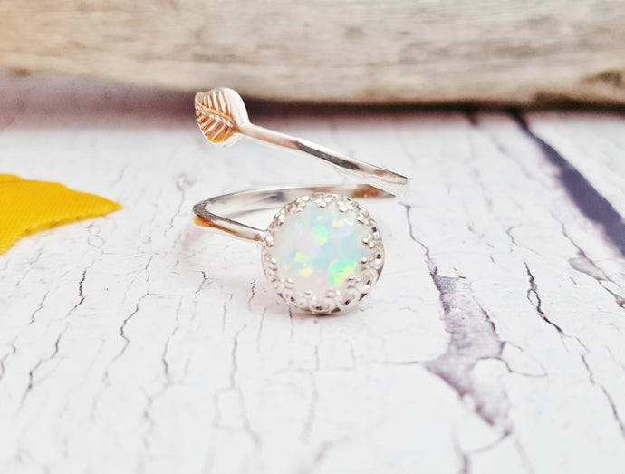 White Opal & Sterling Silver Adjustable Leaf Ring ~ October Birthstone